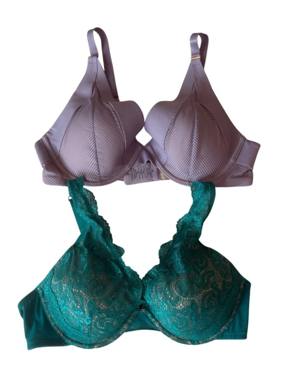 2 Thirdlove Bras 38C Green Lace Contour Plunge & Purple Shadow Stripe Plunge